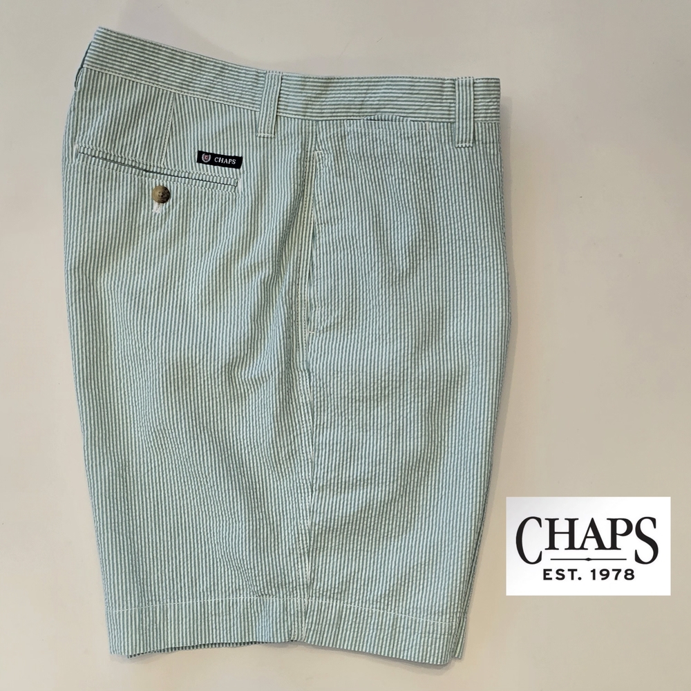 Light Green and White Seersucker Mens Size 38 Gold Shorts by CHAPS Ralph Lauren